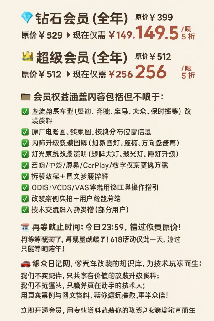 618限时福利 | 改装资料库全面开放 会员仅需5折 今晚23:59截止！-大众奥迪MQB刷隐藏|改装升级教程|学习教程|固件|编码缘众日记